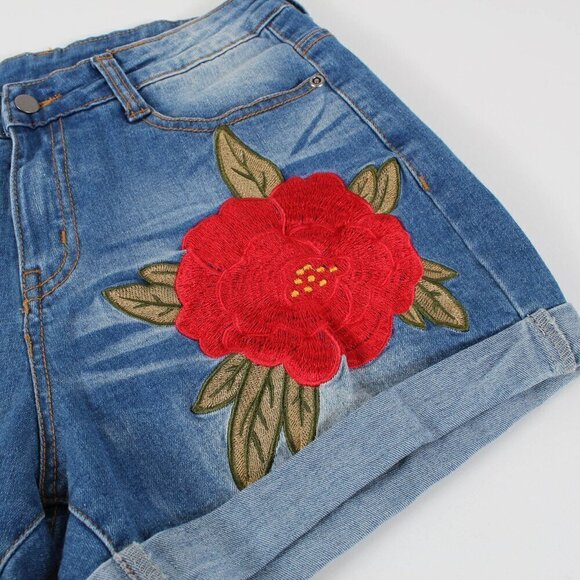 Denim Shorts Red Embroidered Flower - Small Medium - Picture 3 of 8